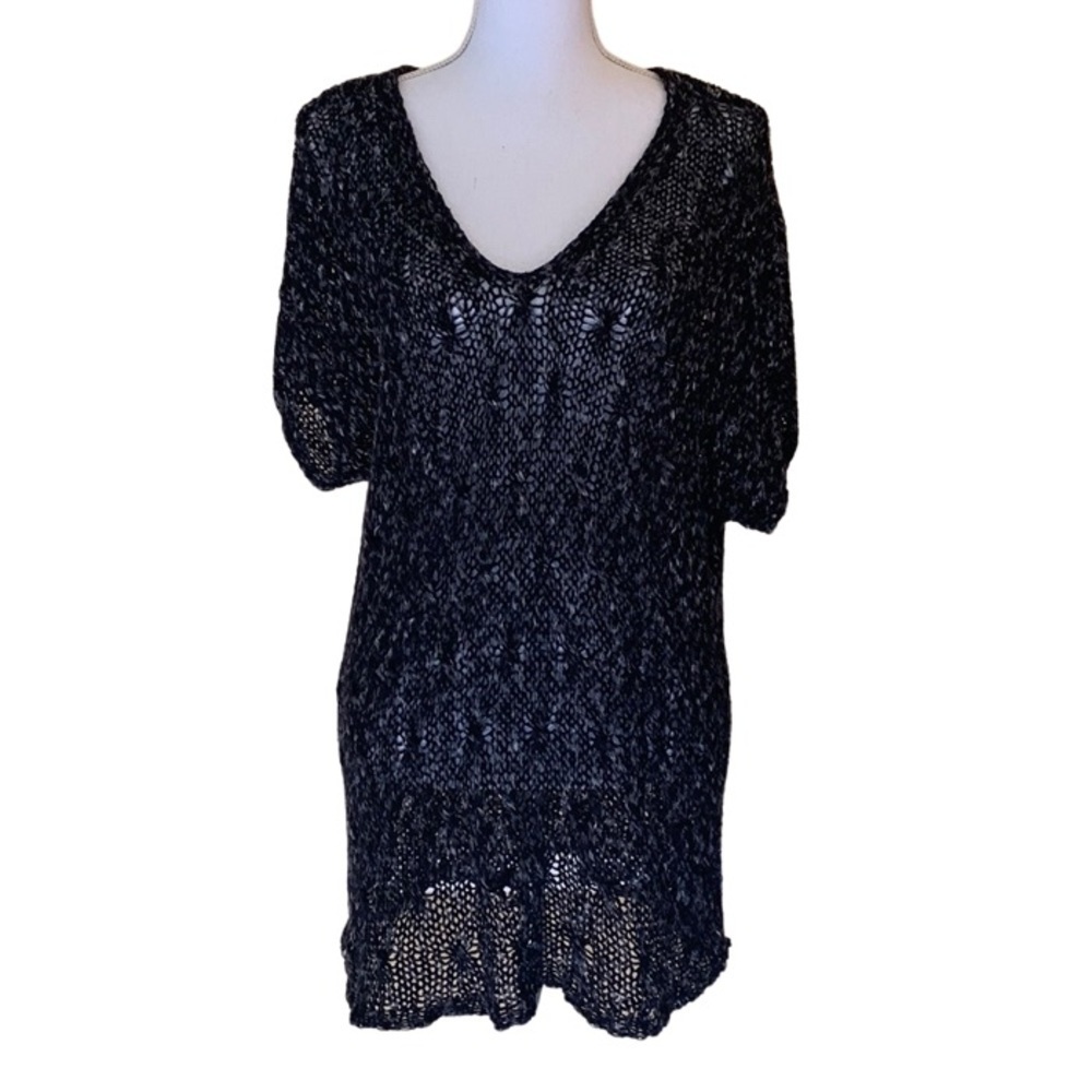 Eileen Fisher gray/black ribbon knit V-neck sweater size large